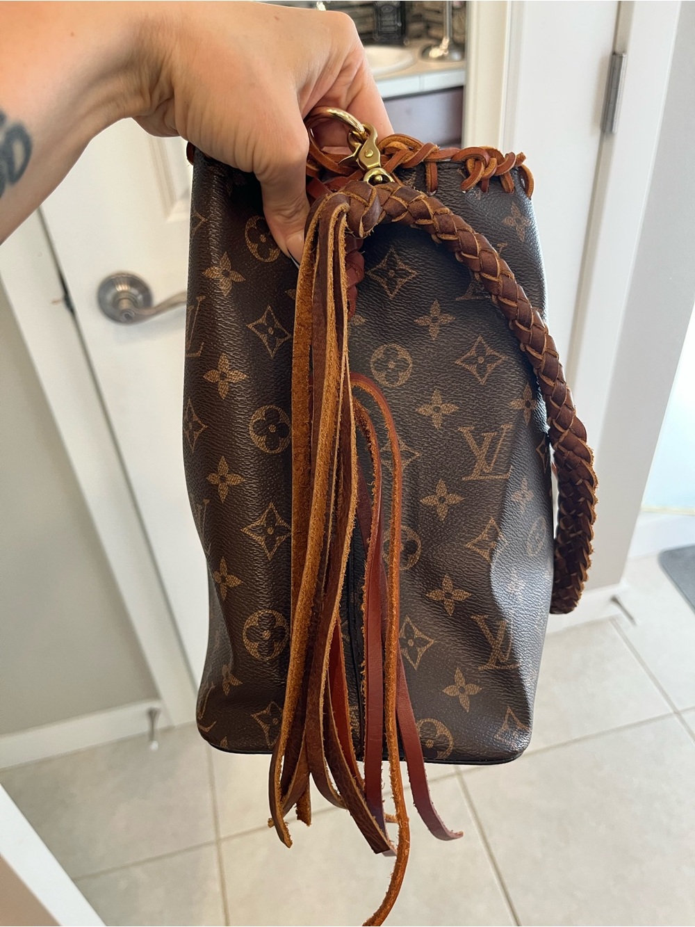 Repurposed Louis Vuitton Canvas Brown Monogram Fringe Bucket Bag - Brown/Pink - Picture 5 of 6